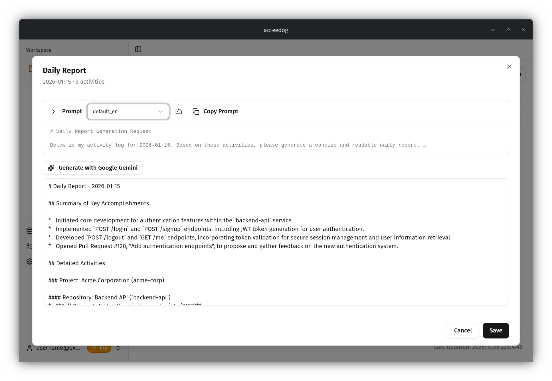 Acteedog AI-powered daily report generation
